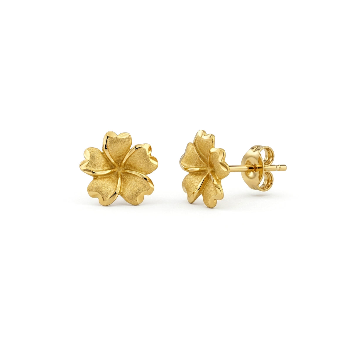 9ct Yellow Gold Satin and Polished Five Petal Flower Stud Earrings — 9mm