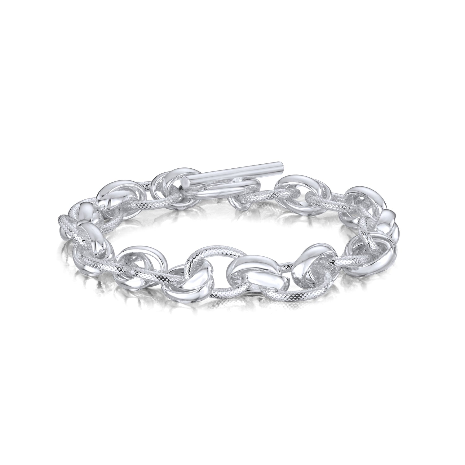 Sterling Silver Handmade Solid 9mm Textured Oval Fancy Bracelet with T-Bar Clasp