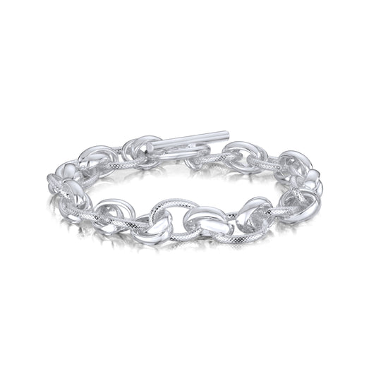 Sterling Silver Handmade Solid 9mm Textured Oval Fancy Bracelet with T-Bar Clasp