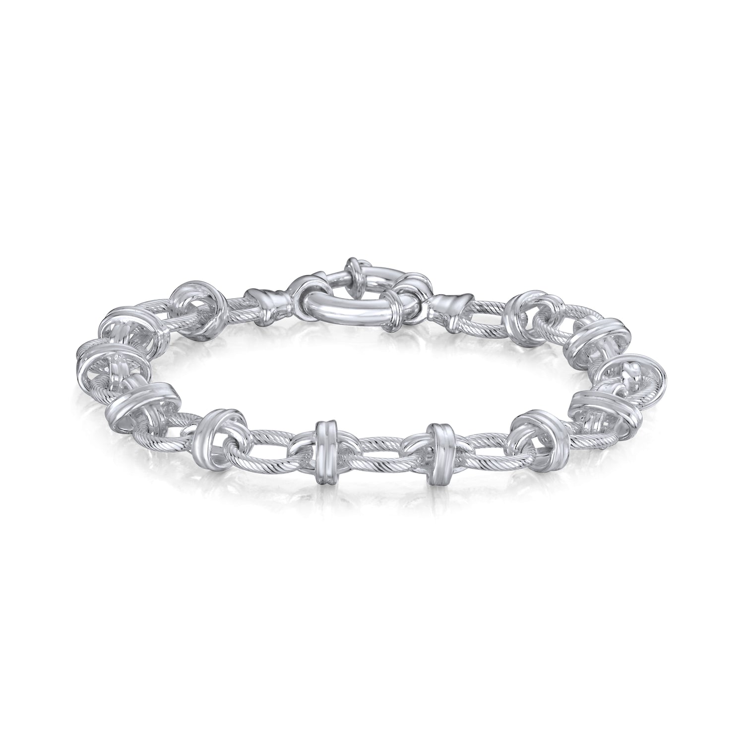 Sterling Silver Handmade Solid 9mm Textured Oval Double Ring Bracelet with Bolt Ring Clasp