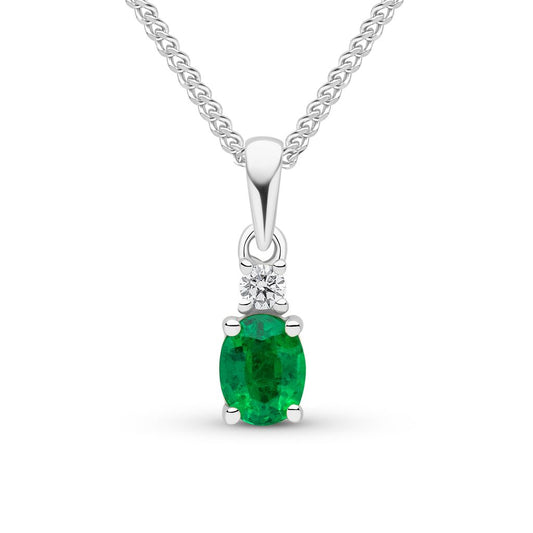 18ct White Gold Oval Natural Emerald and Round Diamond Two Stone Pendant — 5x4mm