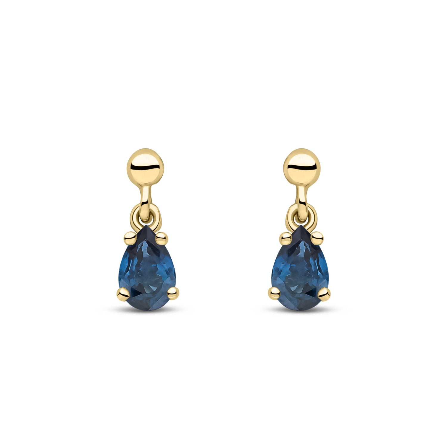 9ct Yellow Gold Pear Shaped Natural Sapphire Claw Drop Earrings with Bead Tops — 6x4mm