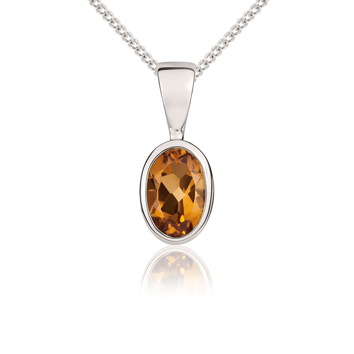 9ct White Gold Oval Natural Citrine Rubover Pendant — 6x4mm