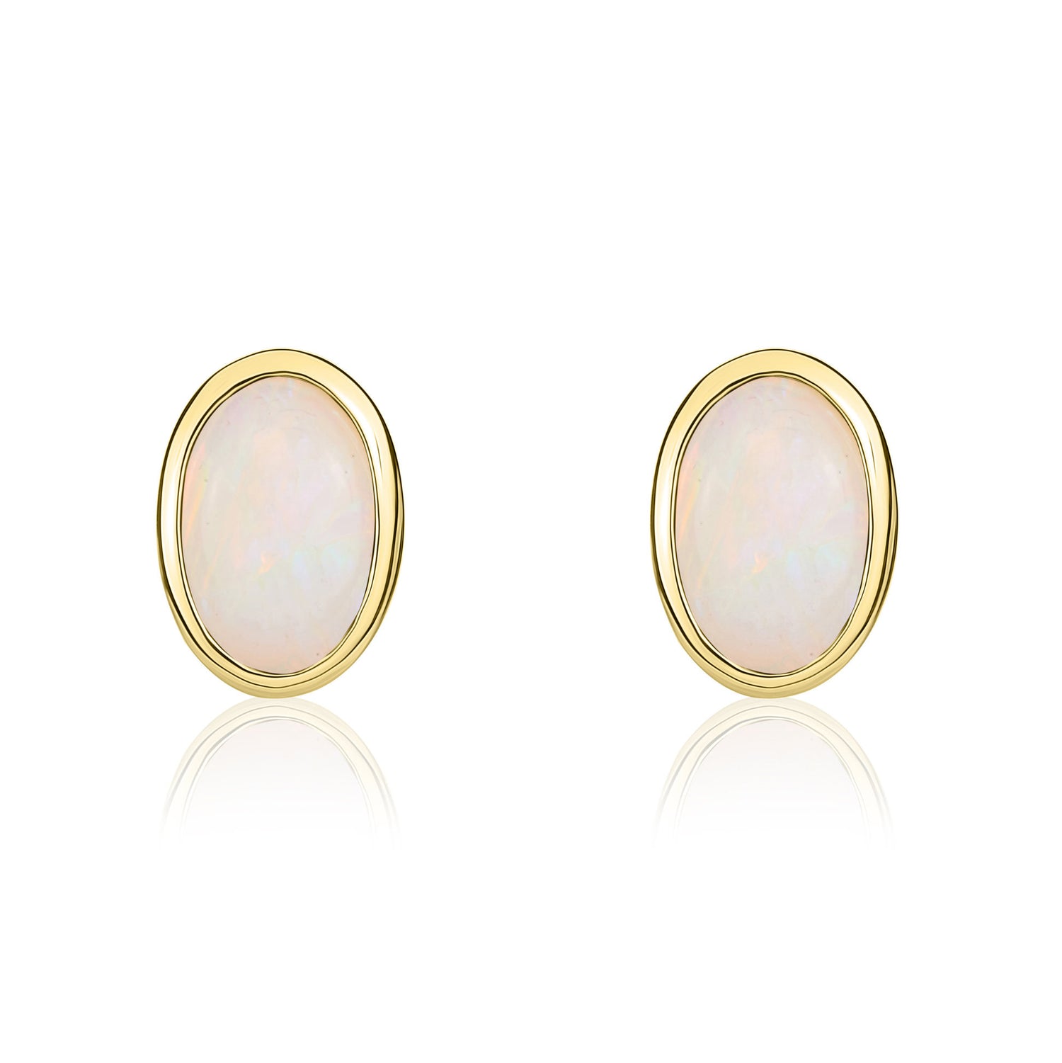 9ct Yellow Gold Oval Natural Opal Rubover Stud Earrings — 6x4mm
