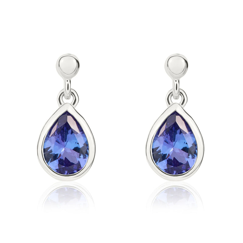 9ct White Gold Pear Shaped Natural Tanzanite Rubover Drop Earrings — 7x5mm