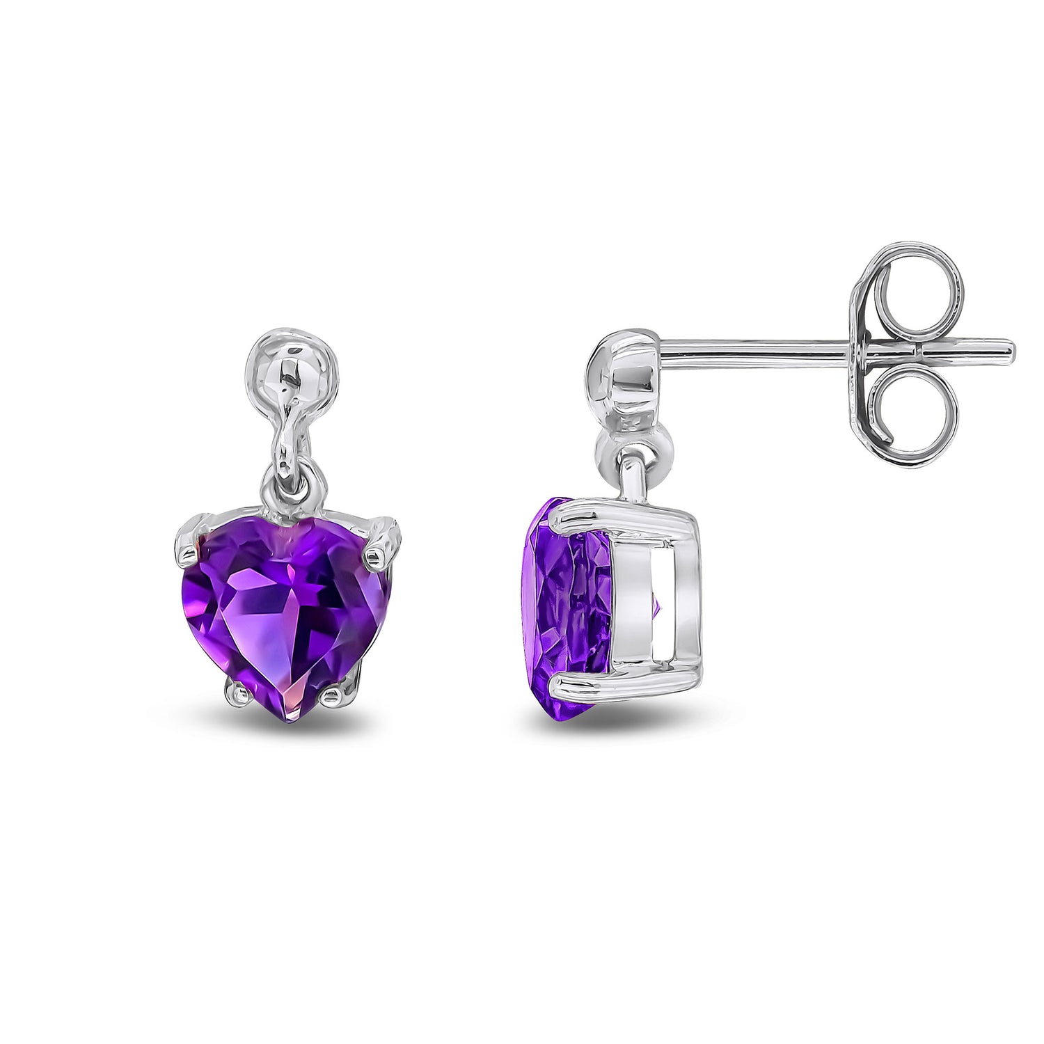 9ct White Gold Heart Shaped Natural Amethyst Claw Drop Earrings