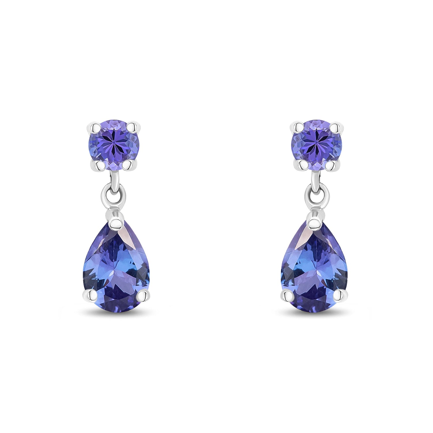 9ct White Gold Round and Pear Shaped Natural Tanzanite Two Stone Drop Earrings — 6x4mm