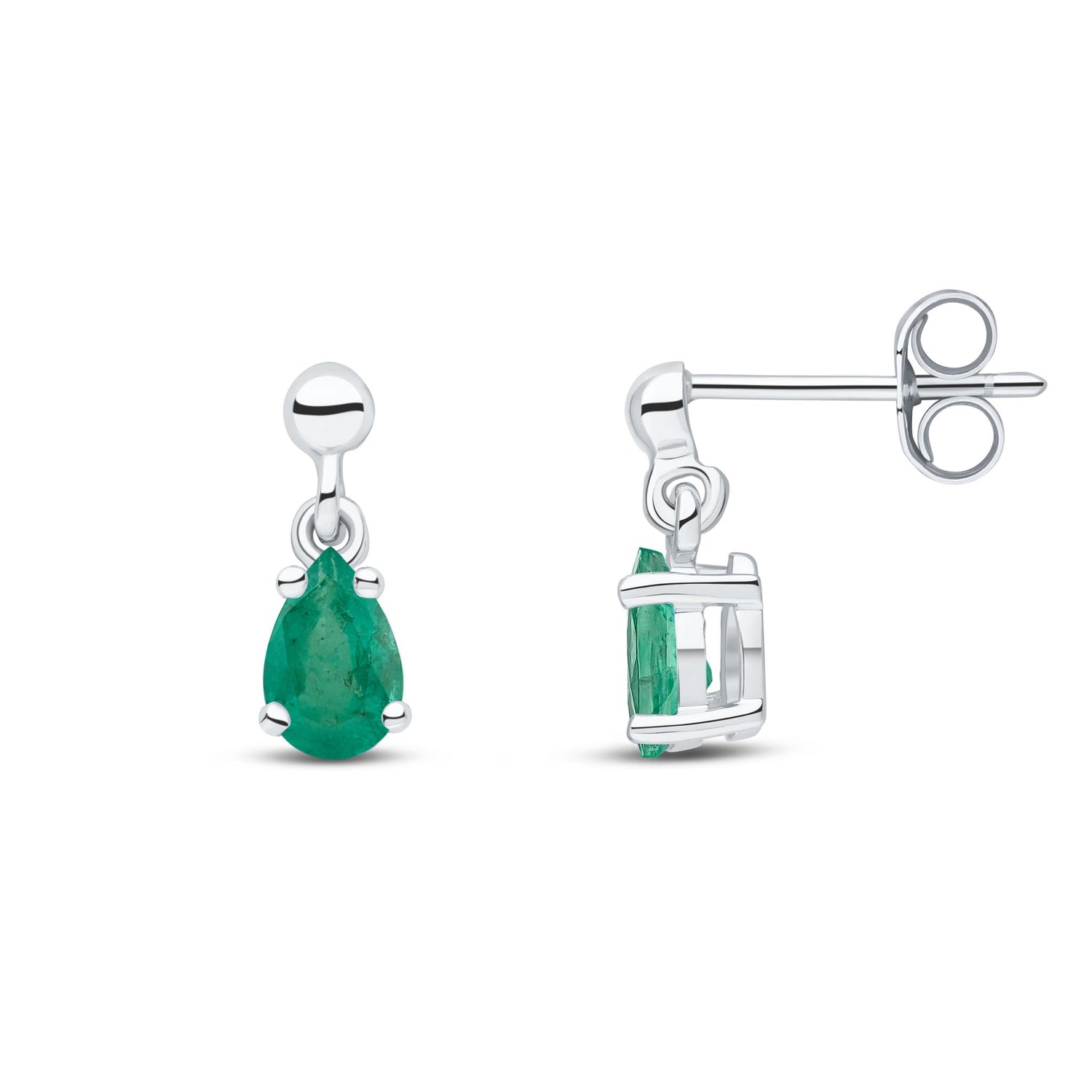 9ct White Gold Pear Shaped Natural Emerald Claw Drop Earrings with Bead Tops — 6x4mm