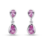 9ct White Gold Pear Shaped Natural Pink Sapphire Two Stone Rubover Drop Earrings