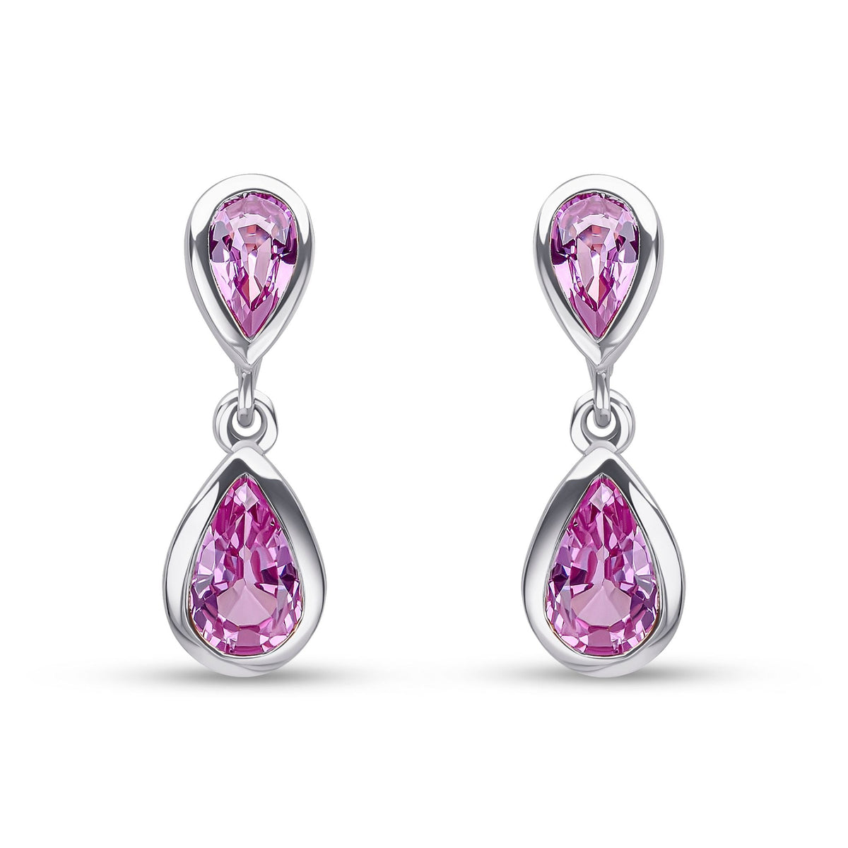9ct White Gold Pear Shaped Natural Pink Sapphire Two Stone Rubover Drop Earrings