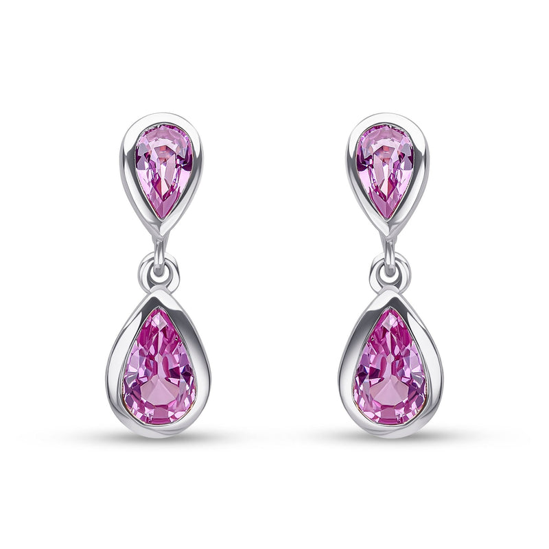9ct White Gold Pear Shaped Natural Pink Sapphire Two Stone Rubover Drop Earrings