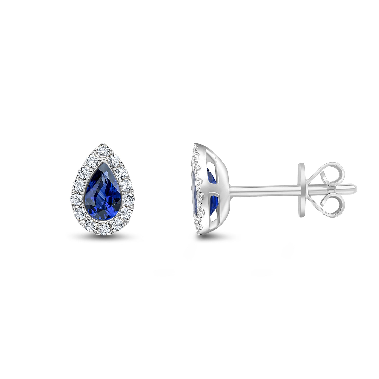 18ct White Gold Pear Shaped Natural Sapphire and Diamond Cluster Stud Earrings — 5x3mm