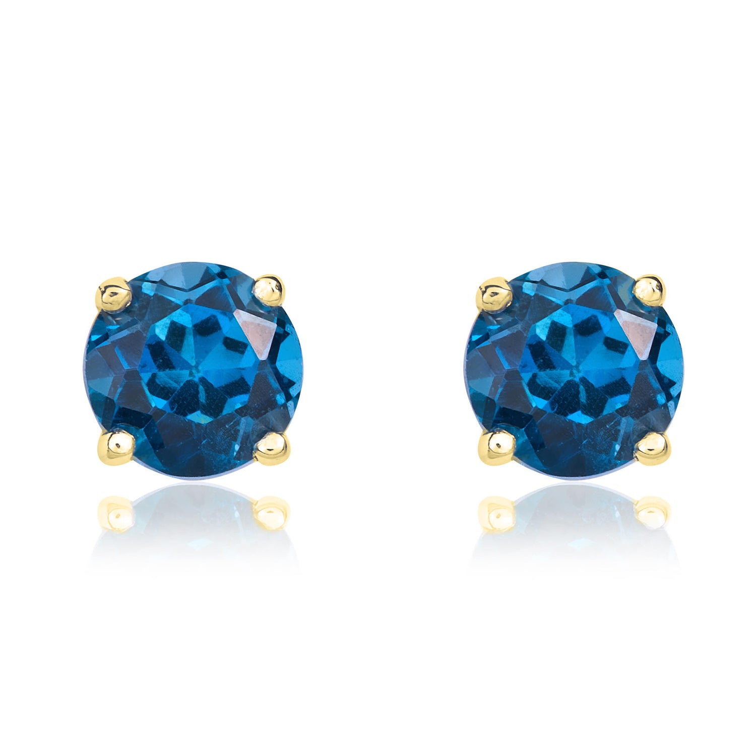9ct Yellow Gold Round Natural London Blue Topaz Claw Set Stud Earrings — 5mm
