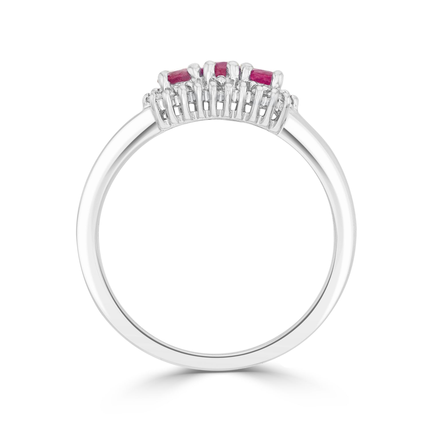 9ct White Gold Oval Natural Ruby and Diamond Triple Cluster Ring — 5x3mm