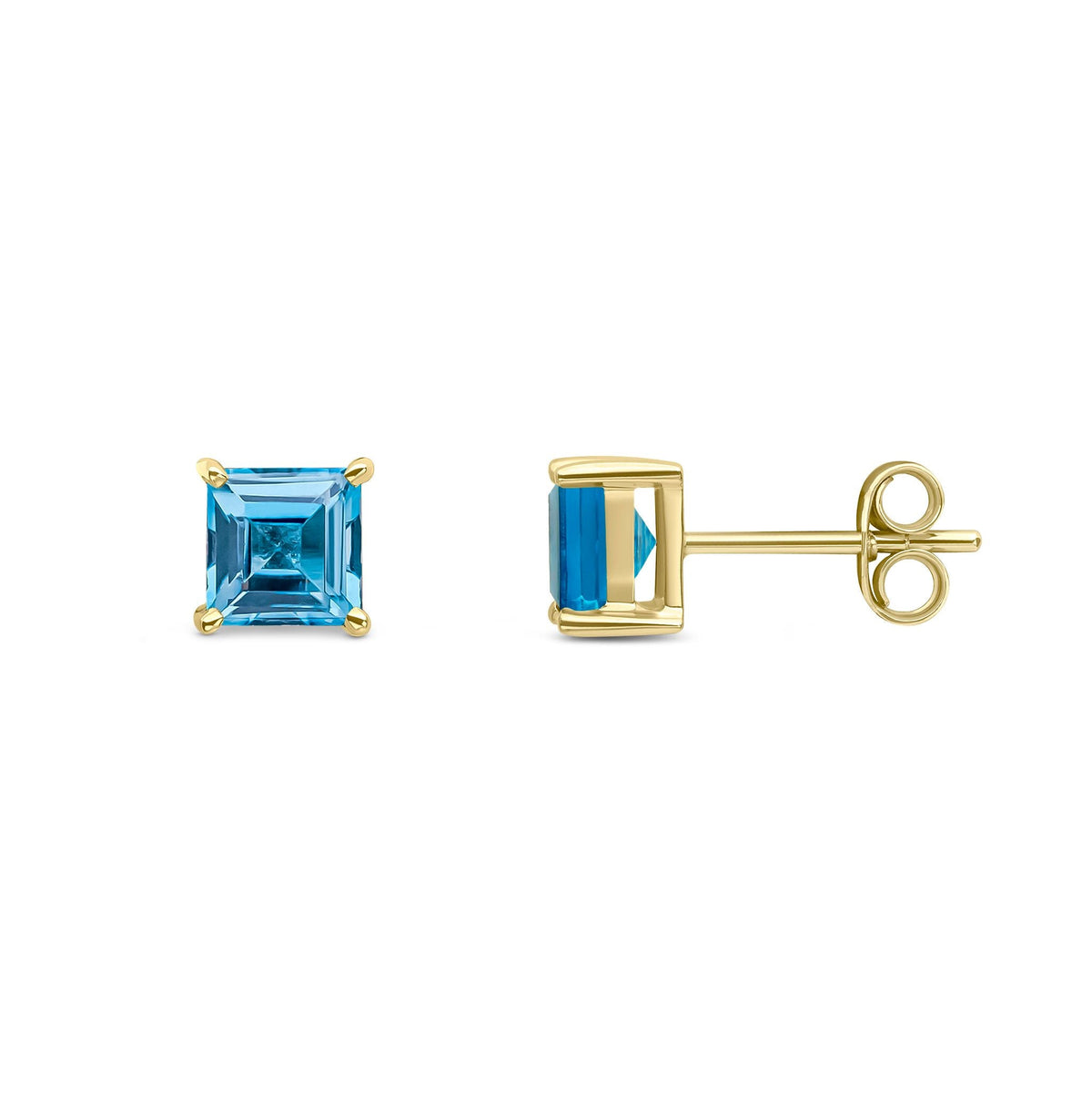 9ct Yellow Gold Square Natural Swiss Blue Topaz Claw Stud Earrings — 5mm