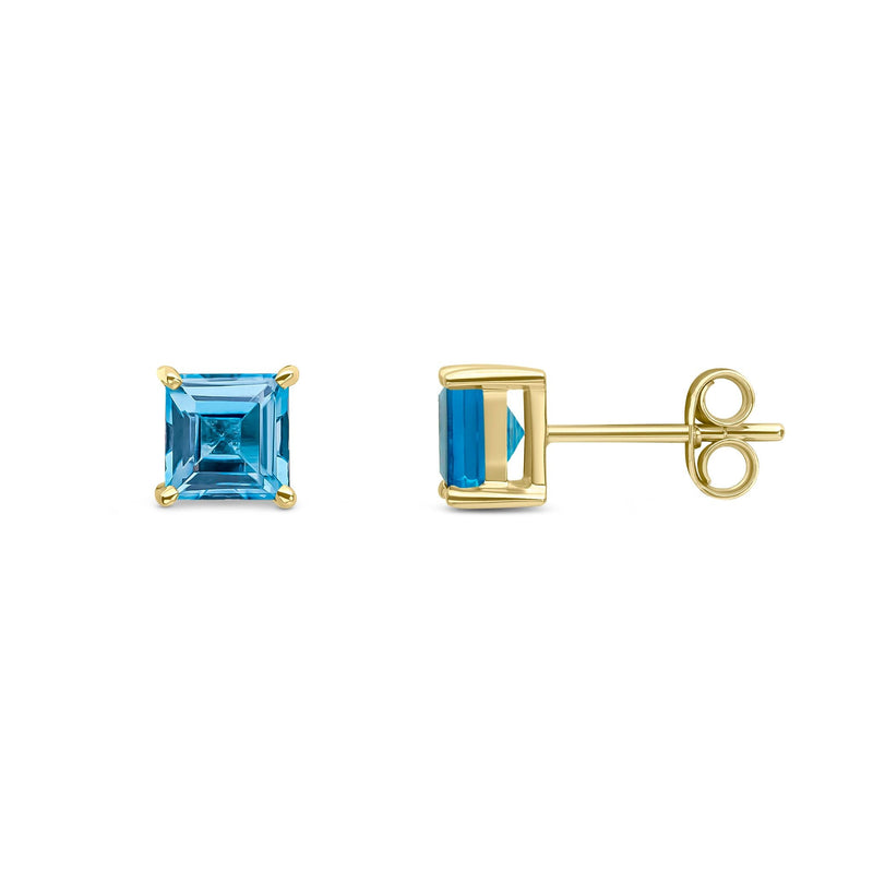 9ct Yellow Gold Square Natural Swiss Blue Topaz Claw Stud Earrings — 5mm