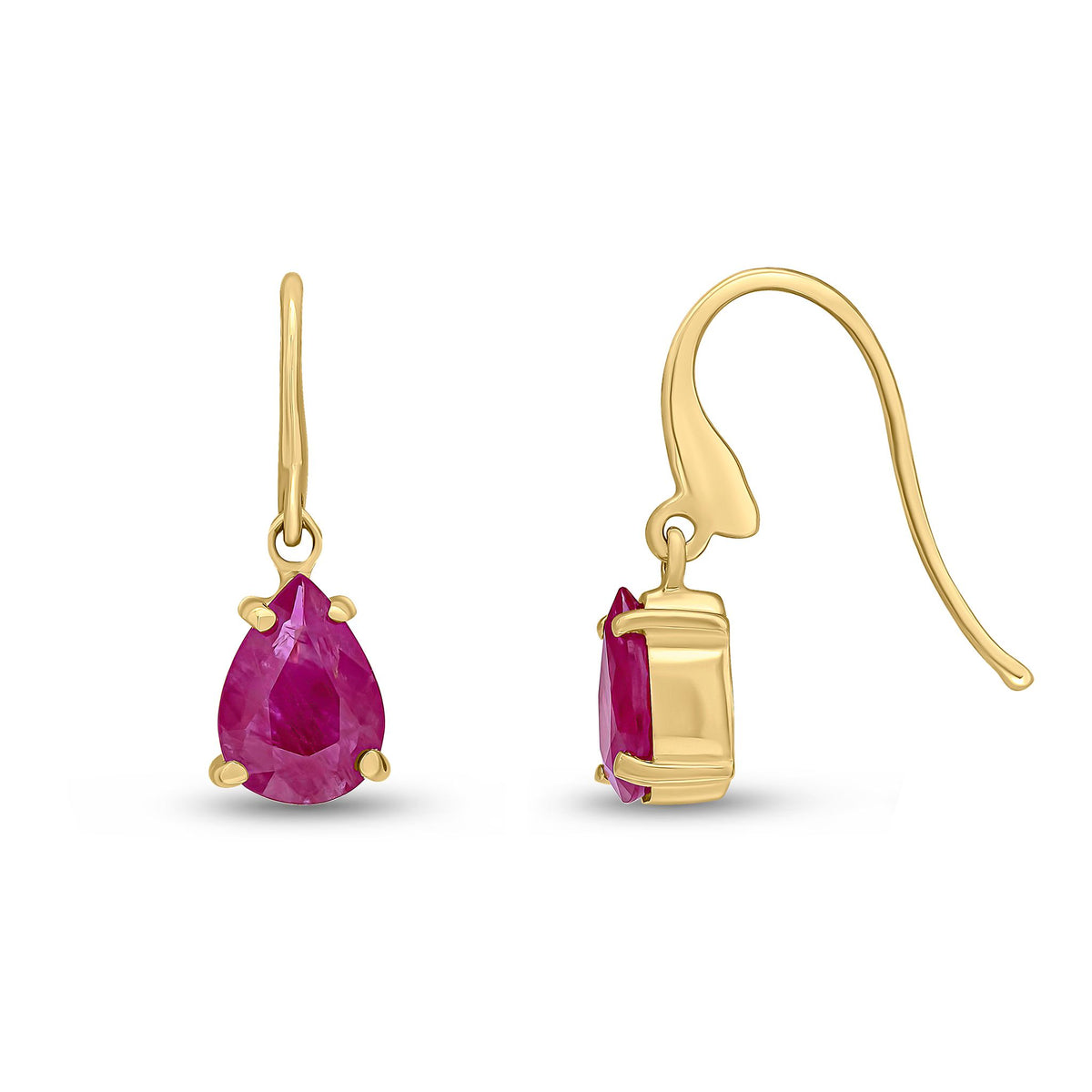 9ct Yellow Gold Pear Shaped Natural Ruby Claw Wire Hook Drop Earrings