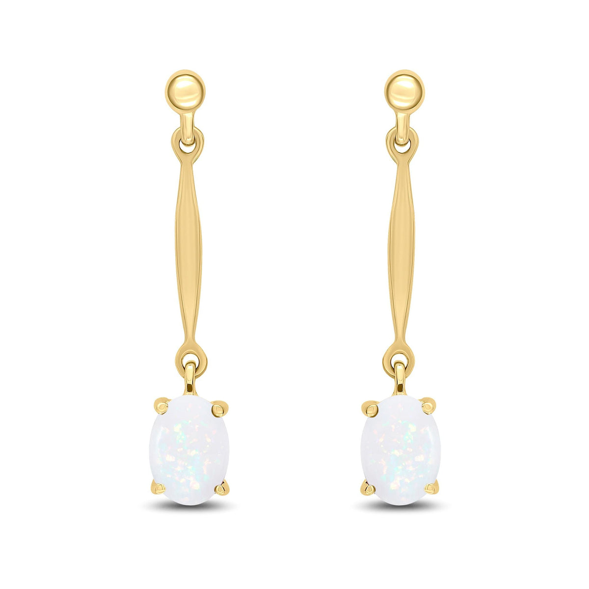 9ct Yellow Gold Oval Natural Opal Claw Bar Drop Earrings — 7x5mm