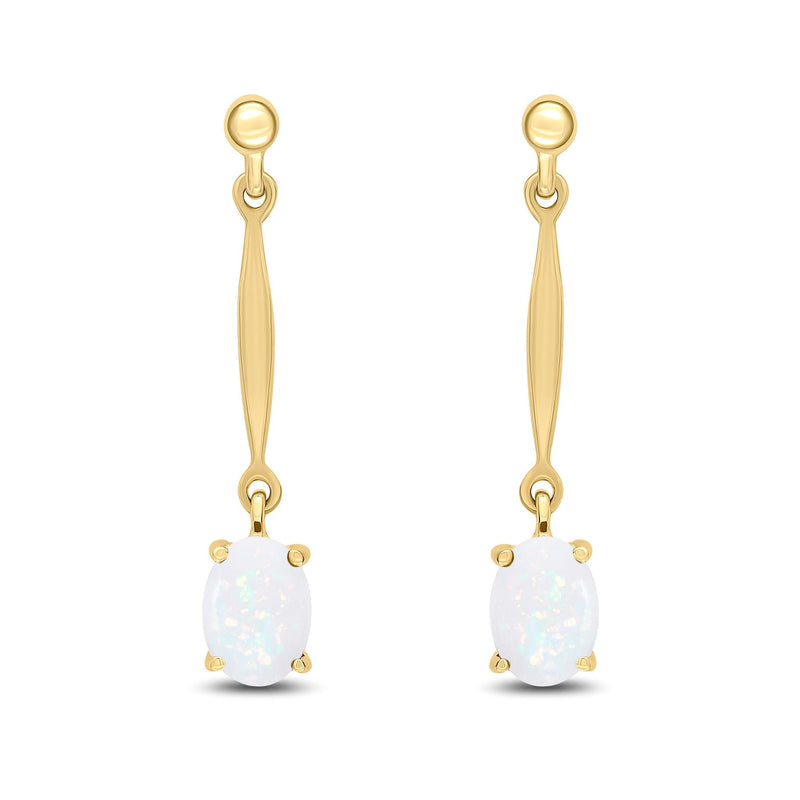 9ct Yellow Gold Oval Natural Opal Claw Bar Drop Earrings — 7x5mm