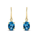 9ct Yellow Gold Oval Natural London Blue Topaz Claw Hook Wire Drop Earrings — 7x5mm
