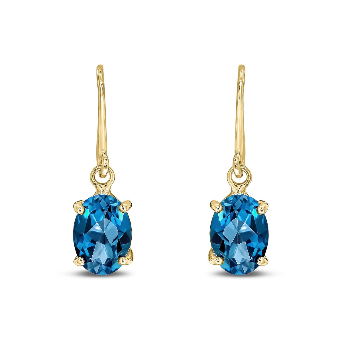 9ct Yellow Gold Oval Natural London Blue Topaz Claw Hook Wire Drop Earrings — 7x5mm