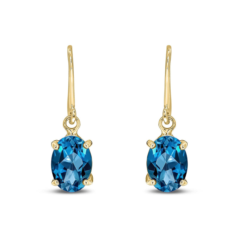 9ct Yellow Gold Oval Natural London Blue Topaz Claw Hook Wire Drop Earrings — 7x5mm