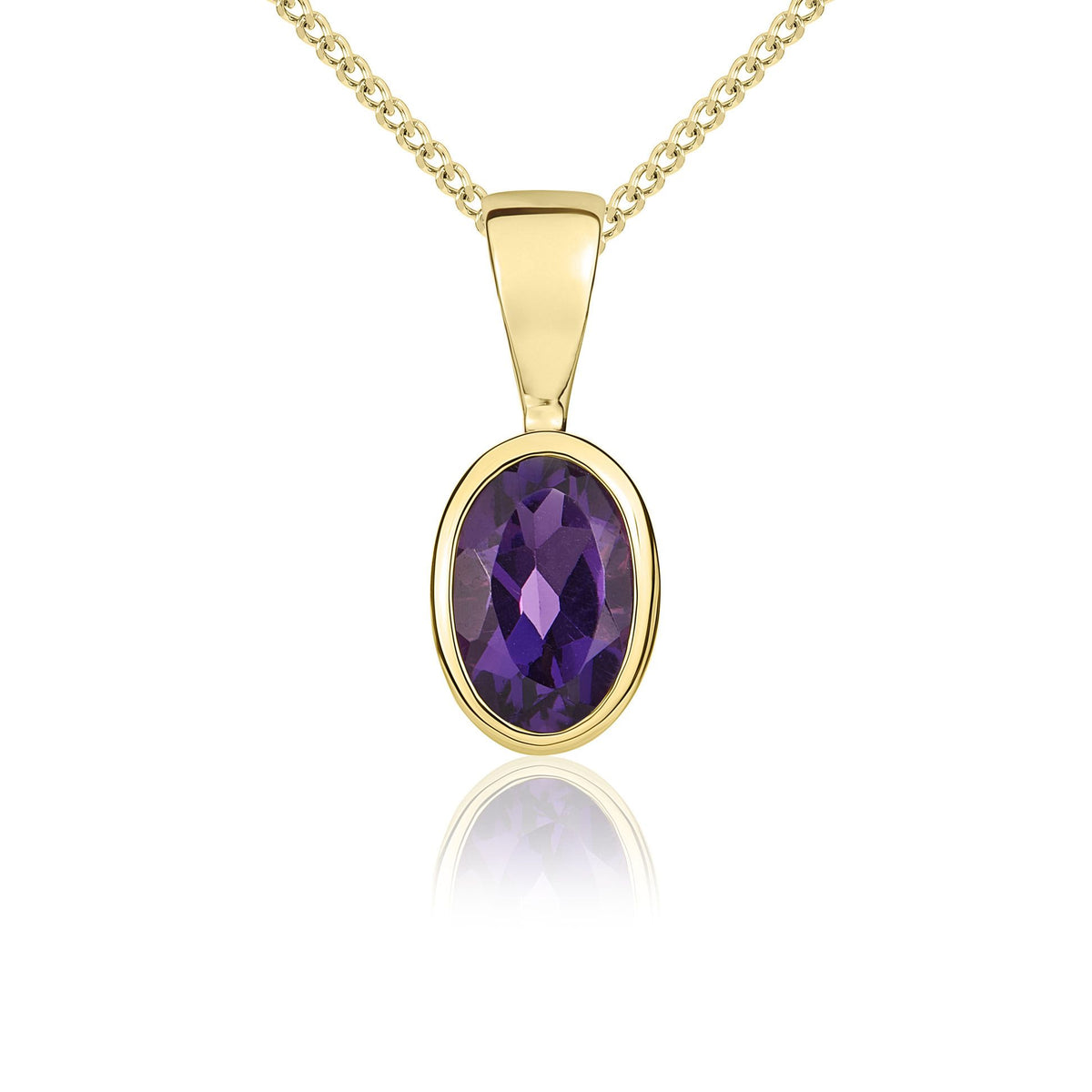 9ct Yellow Gold Oval Natural Amethyst Rubover Pendant — 6x4mm