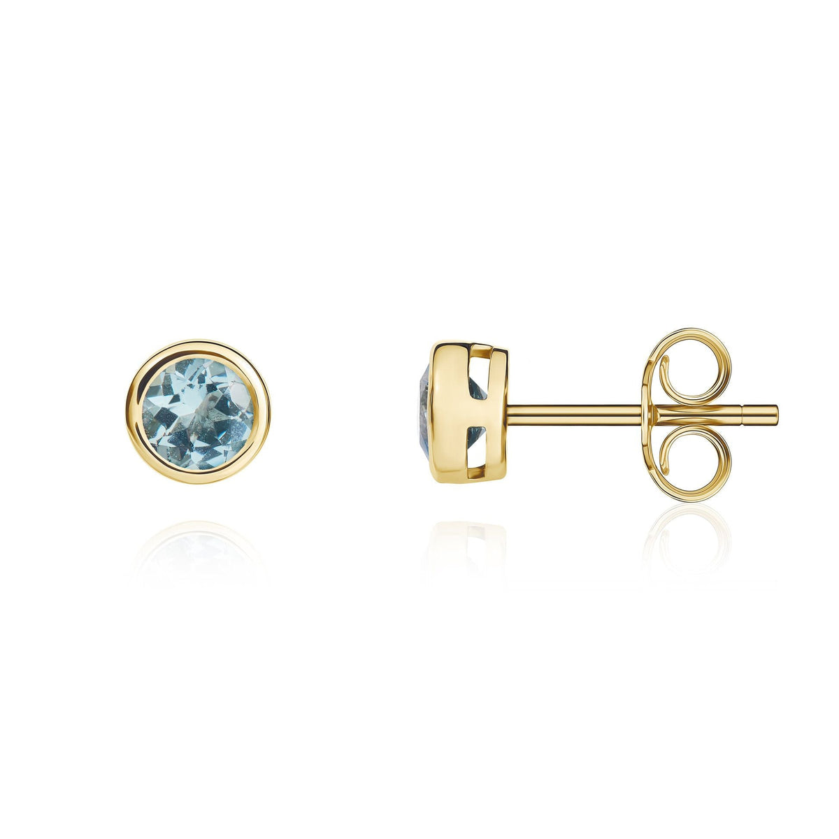 9ct Yellow Gold Round Natural Aquamarine Rubover Stud Earrings — 4mm