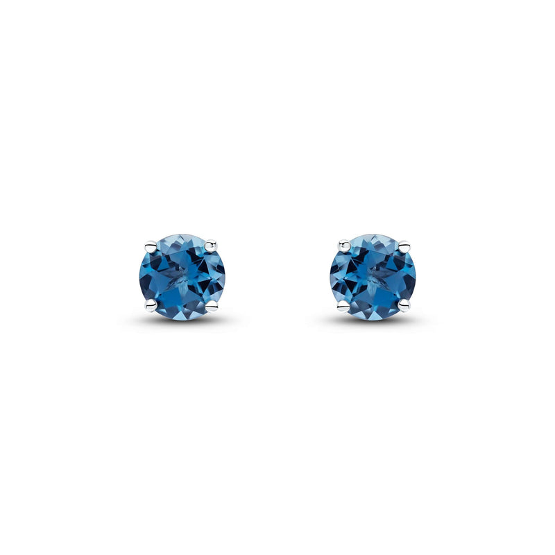 9ct White Gold Round Natural London Blue Topaz Claw Set Stud Earrings — 6mm