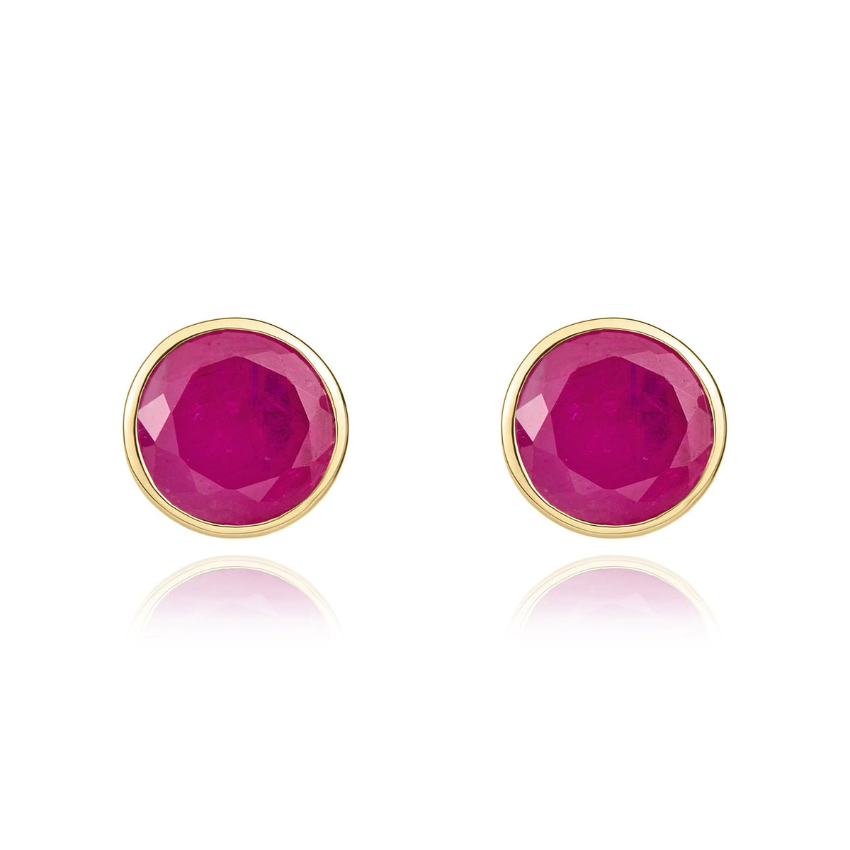 9ct Yellow Gold Round Natural Ruby Rubover Stud Earrings — 5mm