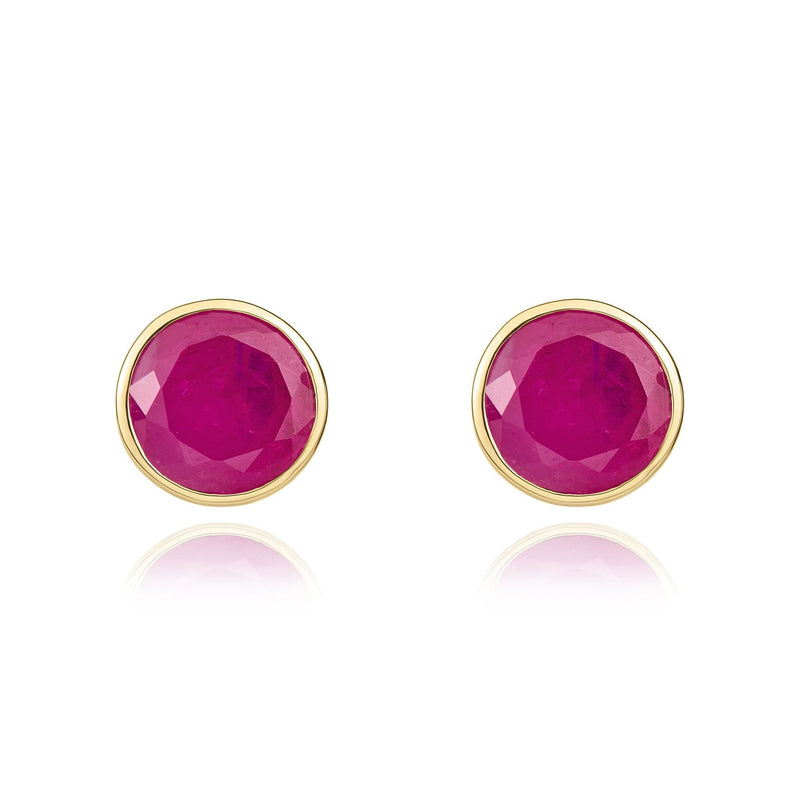 9ct Yellow Gold Round Natural Ruby Rubover Stud Earrings — 5mm