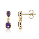9ct Yellow Gold Pear Shaped Natural Amethyst Two Stone Rubover Drop Earrings