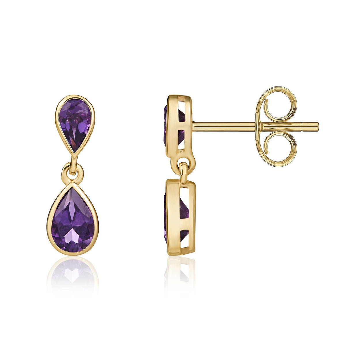9ct Yellow Gold Pear Shaped Natural Amethyst Two Stone Rubover Drop Earrings