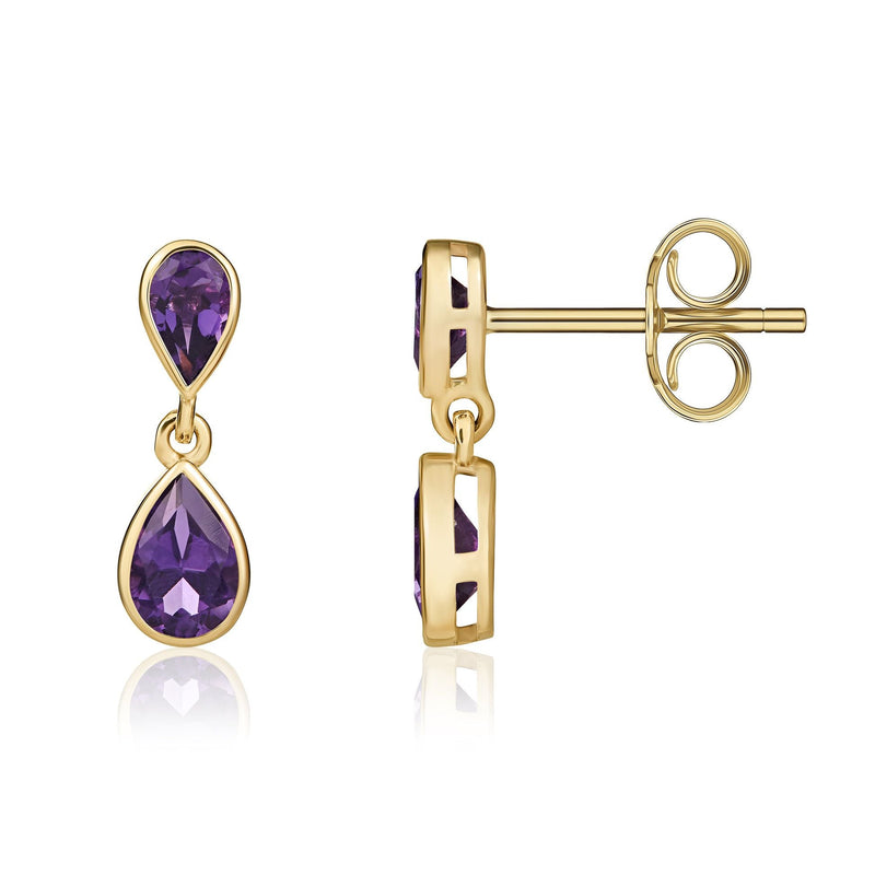 9ct Yellow Gold Pear Shaped Natural Amethyst Two Stone Rubover Drop Earrings
