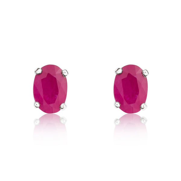 9ct White Gold Oval Natural Ruby Claw Stud Earrings — 6x4mm