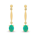 9ct Yellow Gold Oval Natural Emerald Claw Bar Drop Earrings — 7x5mm