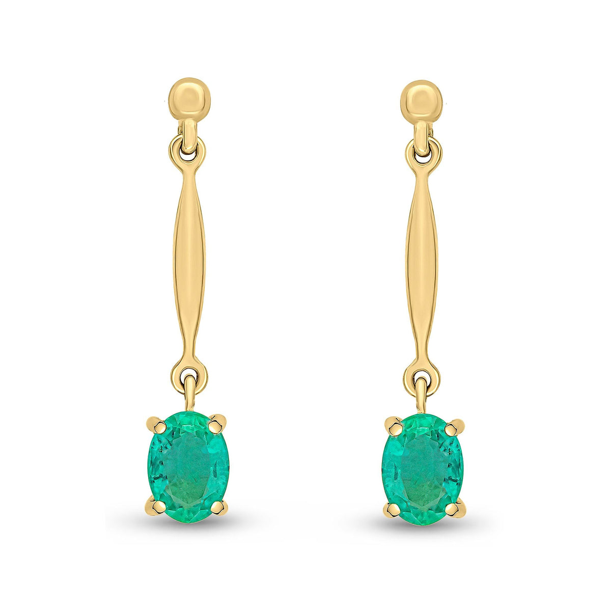 9ct Yellow Gold Oval Natural Emerald Claw Bar Drop Earrings — 7x5mm
