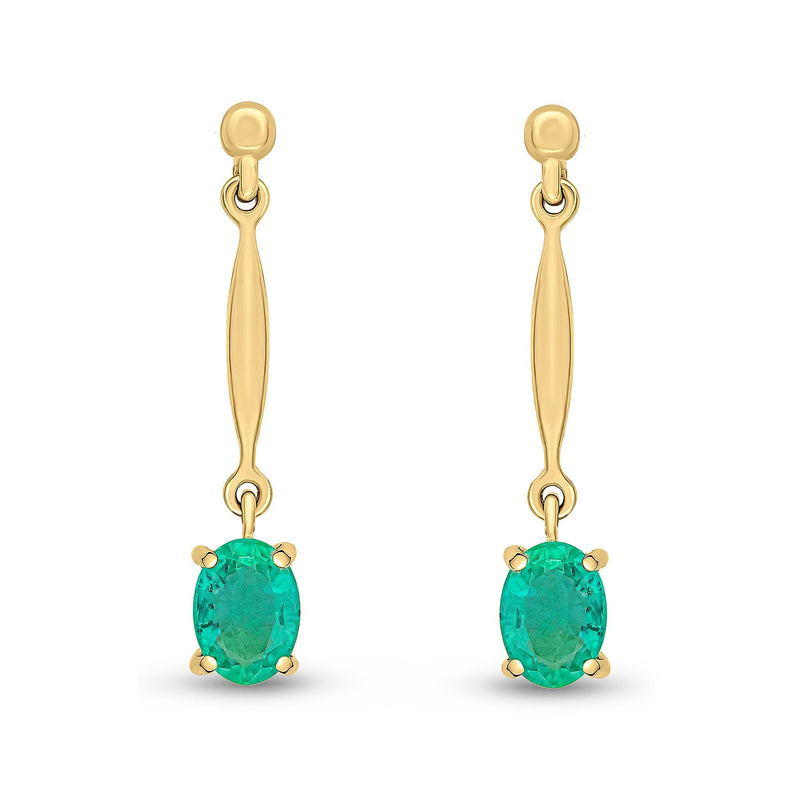 9ct Yellow Gold Oval Natural Emerald Claw Bar Drop Earrings — 7x5mm