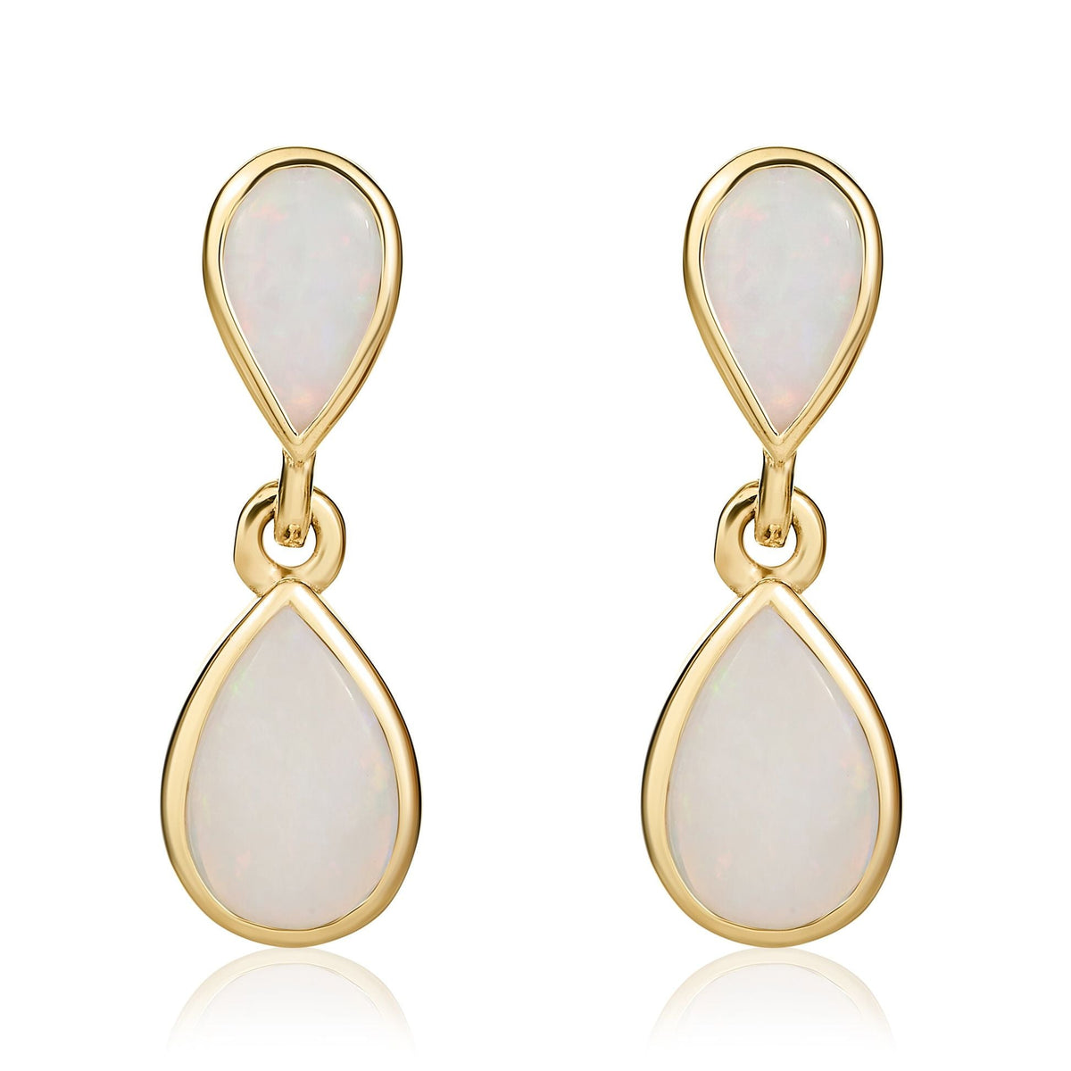 9ct Yellow Gold Pear Shaped Natural Opal Two Stone Rubover Drop Earrings