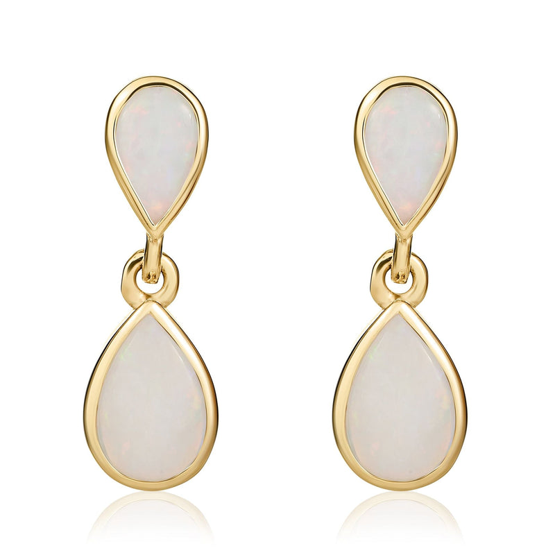 9ct Yellow Gold Pear Shaped Natural Opal Two Stone Rubover Drop Earrings