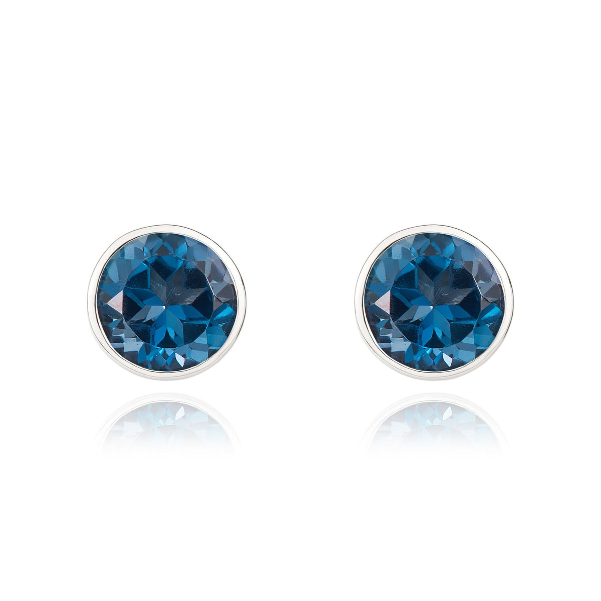 9ct White Gold Round Natural London Blue Topaz Rubover Stud Earrings — 5mm