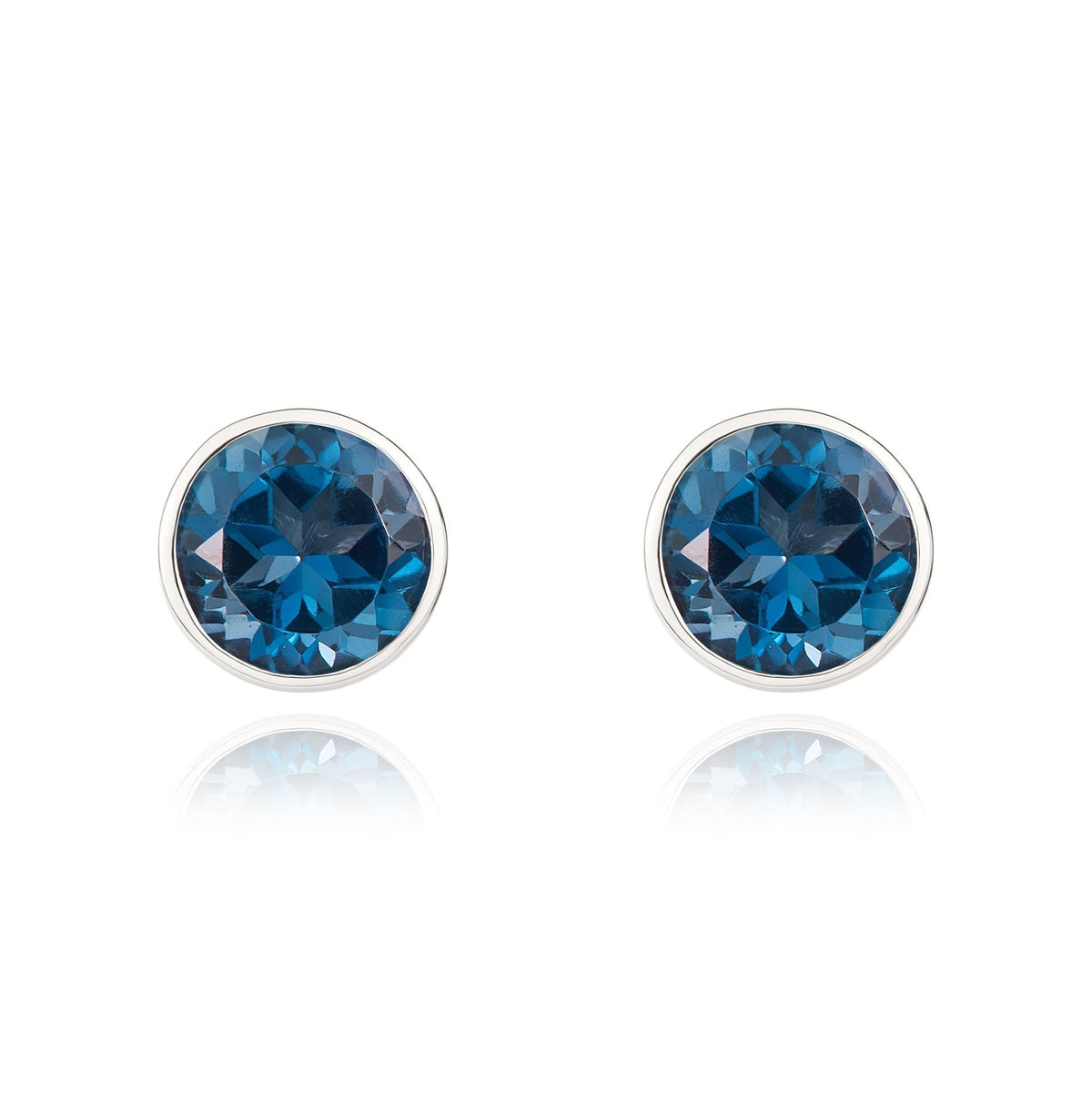 9ct White Gold Round Natural London Blue Topaz Rubover Stud Earrings — 5mm