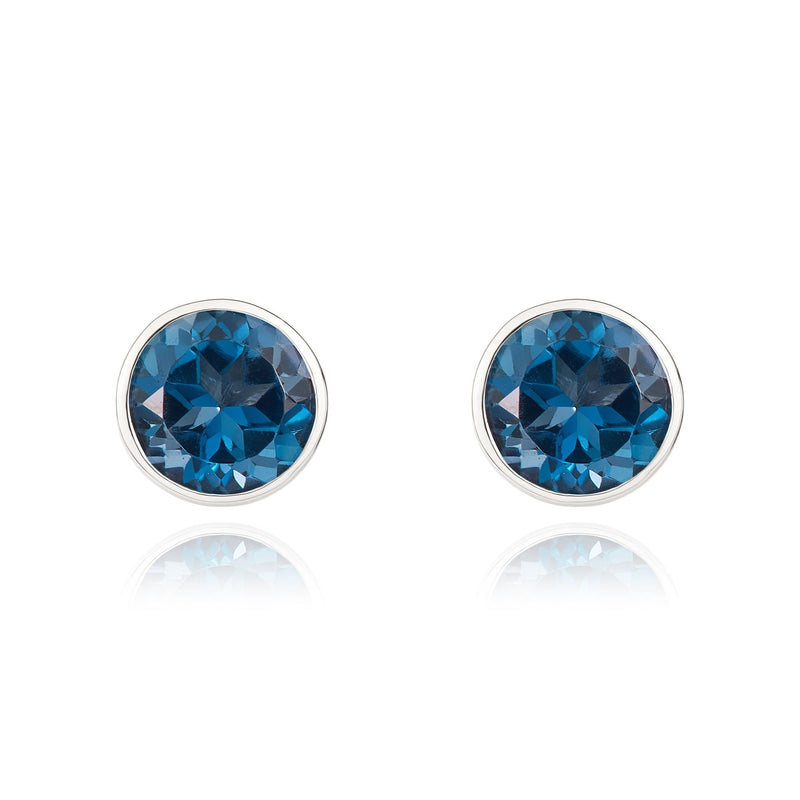 9ct White Gold Round Natural London Blue Topaz Rubover Stud Earrings — 5mm