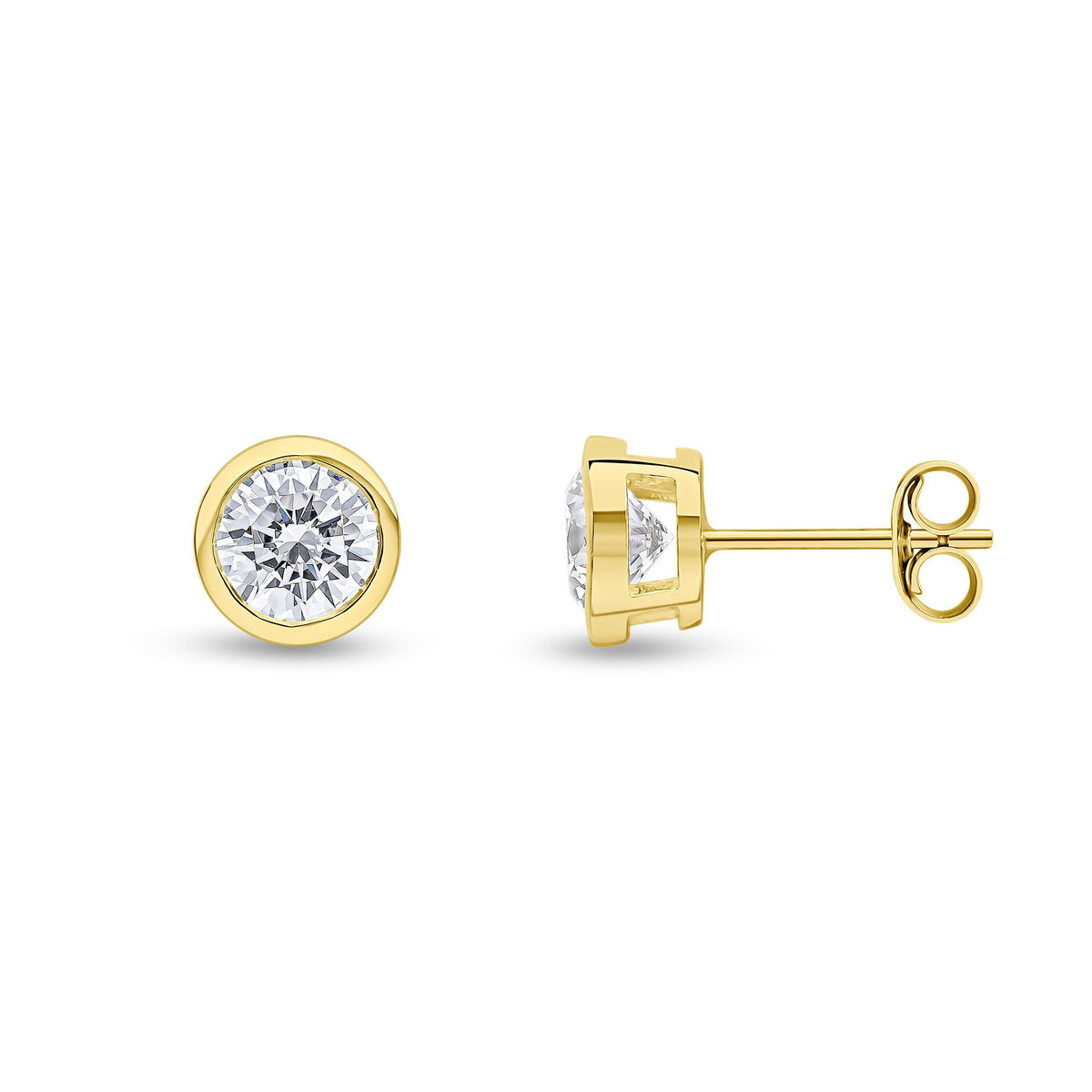 9ct Yellow Gold Round Cubic Zirconia CZ Rubover Stud Earrings — 6mm