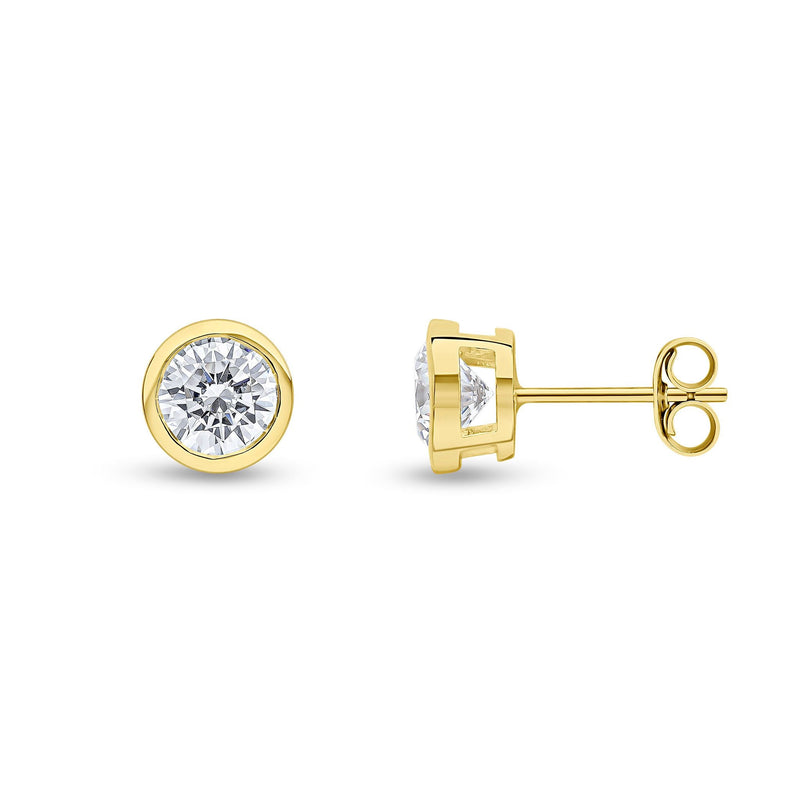 9ct Yellow Gold Round Cubic Zirconia CZ Rubover Stud Earrings — 6mm