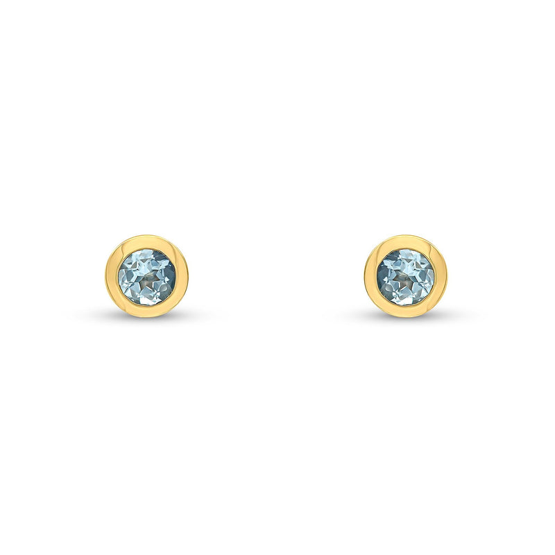 9ct Yellow Gold Round Natural Aquamarine Rubover Stud Earrings — 3mm