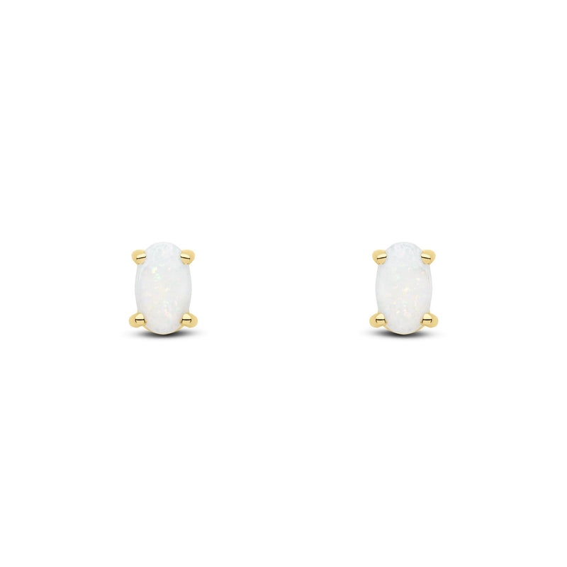 9ct Yellow Gold Oval Natural Opal Claw Stud Earrings — 5x3mm