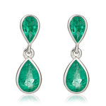 9ct White Gold Pear Shaped Natural Emerald Two Stone Rubover Drop Earrings