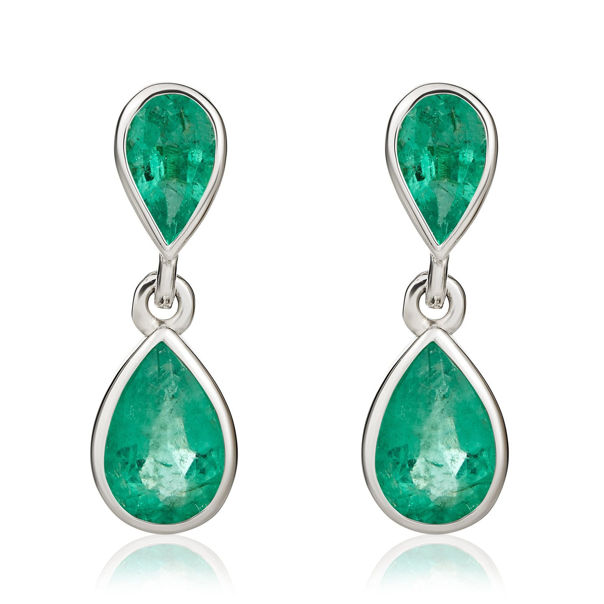 9ct White Gold Pear Shaped Natural Emerald Two Stone Rubover Drop Earrings
