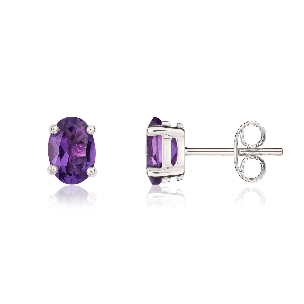 9ct White Gold Oval Natural Amethyst Claw Stud Earrings — 7x5mm